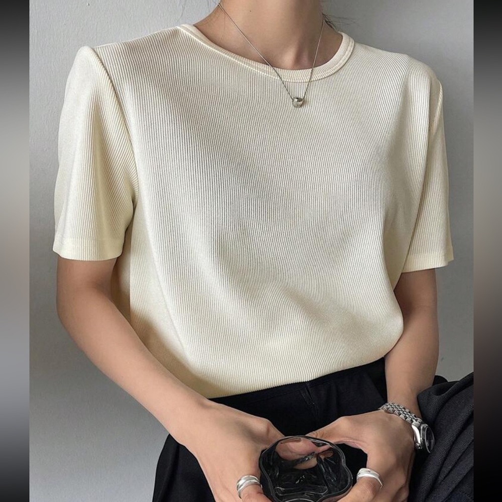 Ivory, cream relaxed fit Round Neck Short Sleeve T-Shirt - elevated tee shirt - Picture 2 of 4